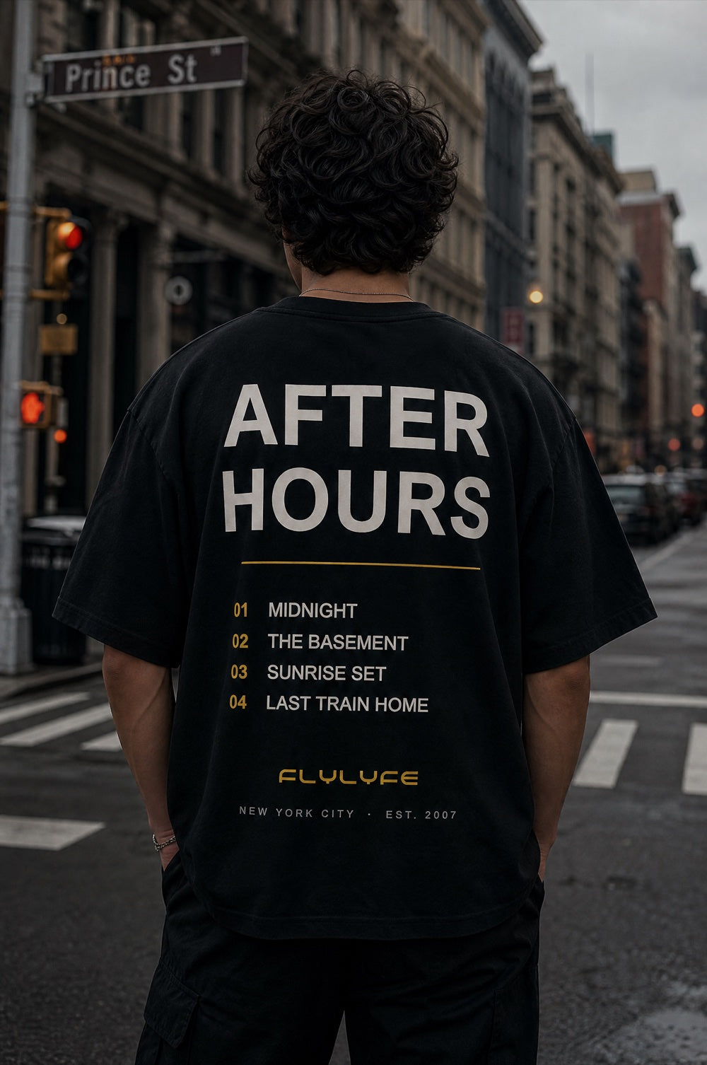The After Hours Tee worn on a model — FLYLYFE NYC house music streetwear