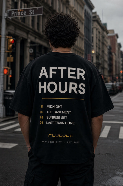 The After Hours Tee worn on a model — FLYLYFE NYC house music streetwear
