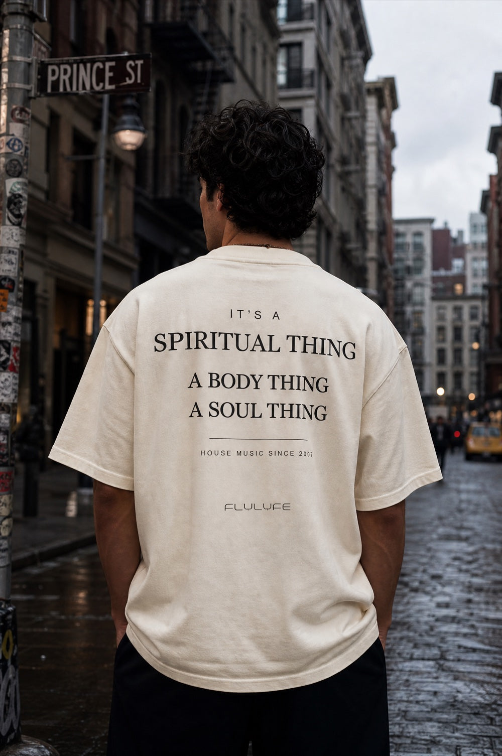The Spiritual Thing Tee worn on a model — FLYLYFE house music manifesto tee