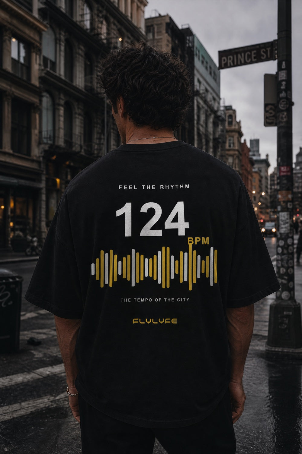 The Tempo Tee worn on a model — FLYLYFE 124 BPM house music tee